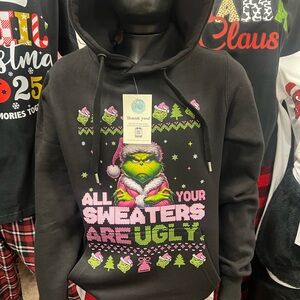 Black Graphic Hoodie with Green and Pink Accents